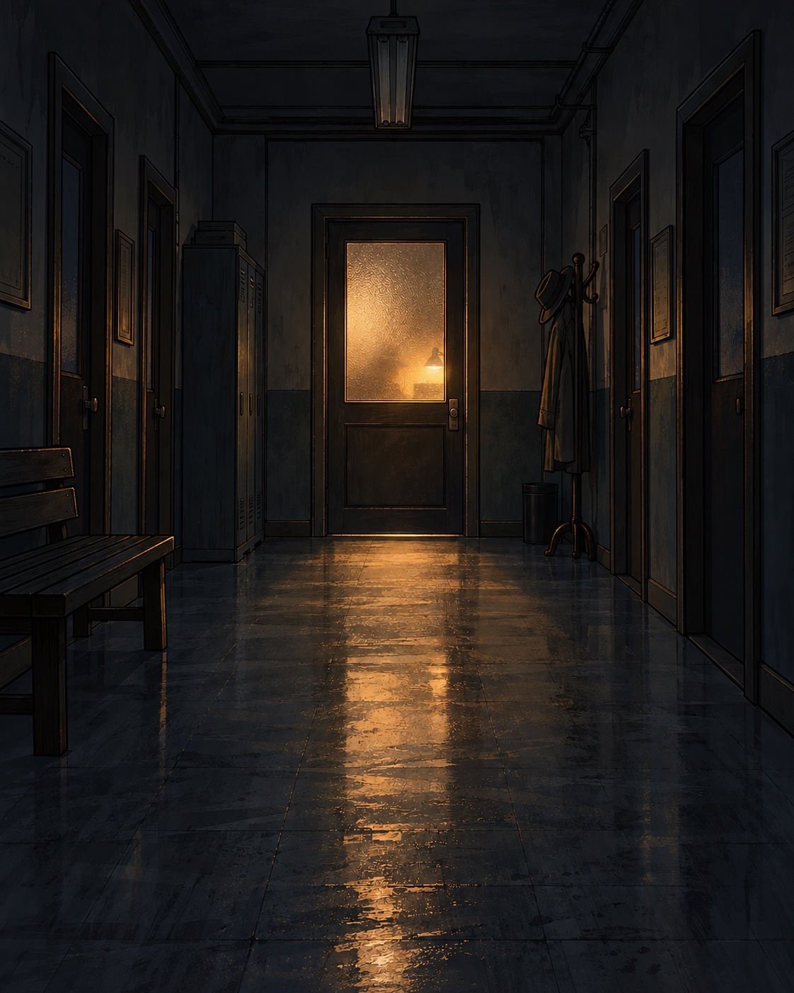 A corridor at night. Light behind the frosted glass of Room 0114.