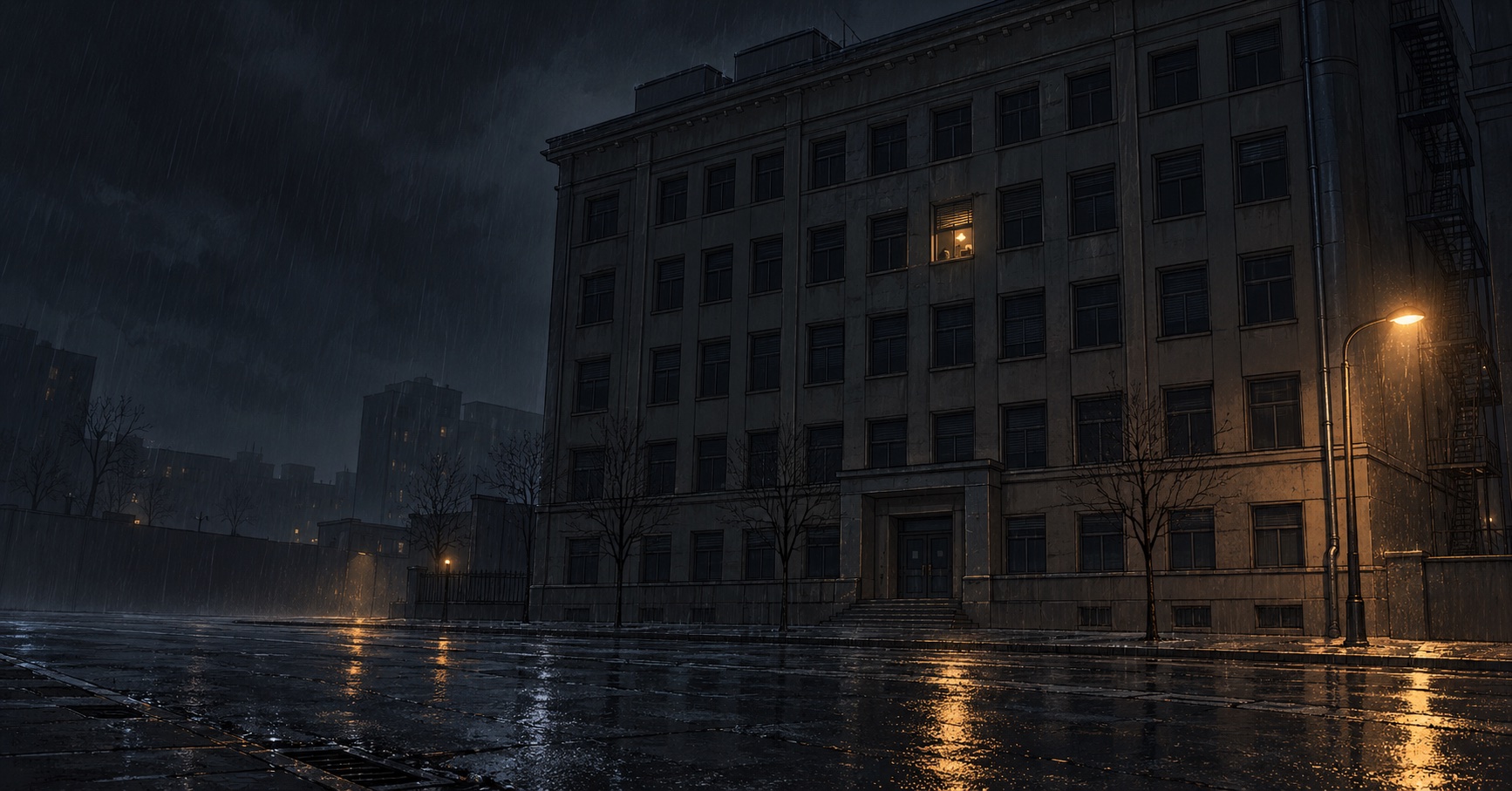 The Bureau building at night. One window lit.